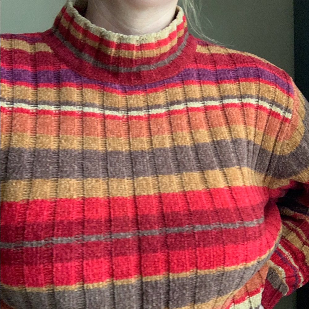 VINTAGE Ribbed Red & Tan Striped Sweater - Picture 4 of 6